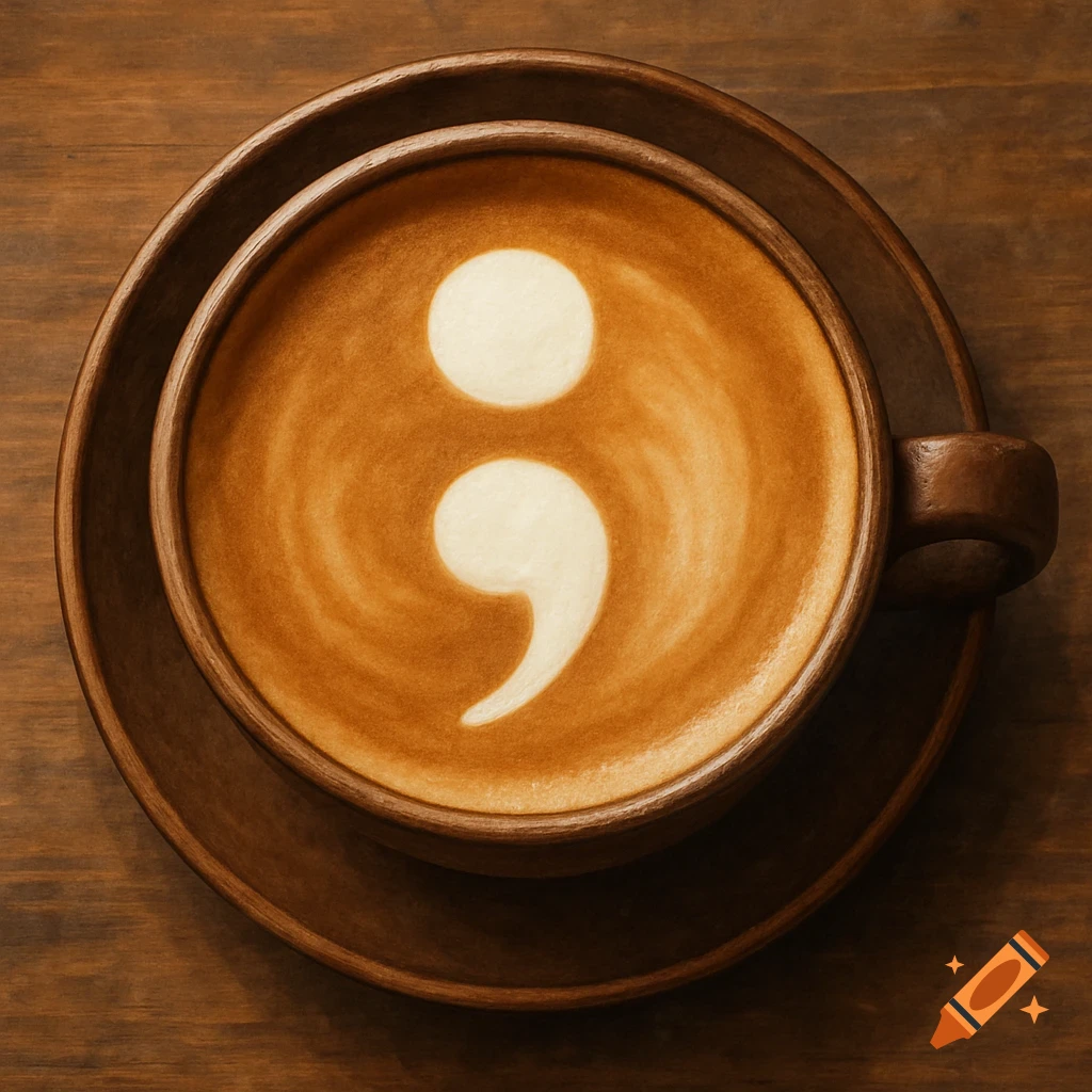 Coffee cup with a semicolon in the latte art.