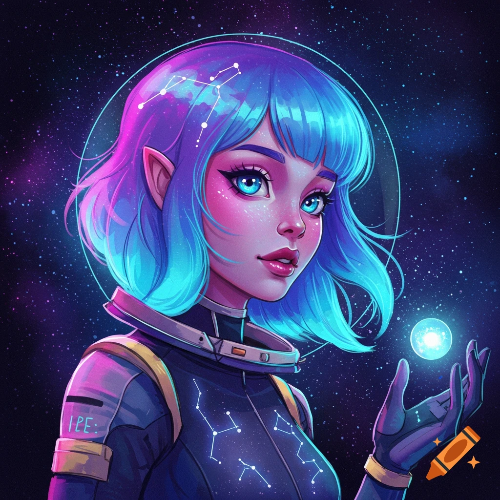 A stylized illustration of a blue-haired person in a futuristic suit holding a glowing orb in space.