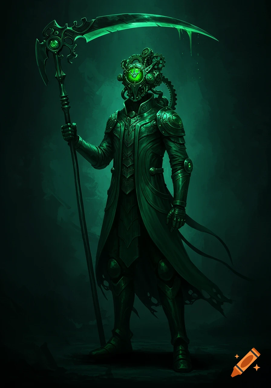 A stylized dark fantasy character with a clockwork head and green scythe in a dark green scene.