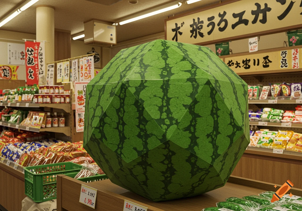 A dodecahedron-shaped watermelon sits on a shelf in a Japanese grocery store.