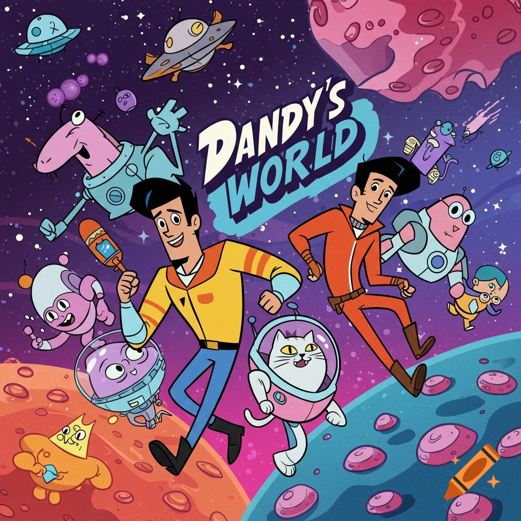 Cartoon characters and aliens running in space with planets and spaceships.