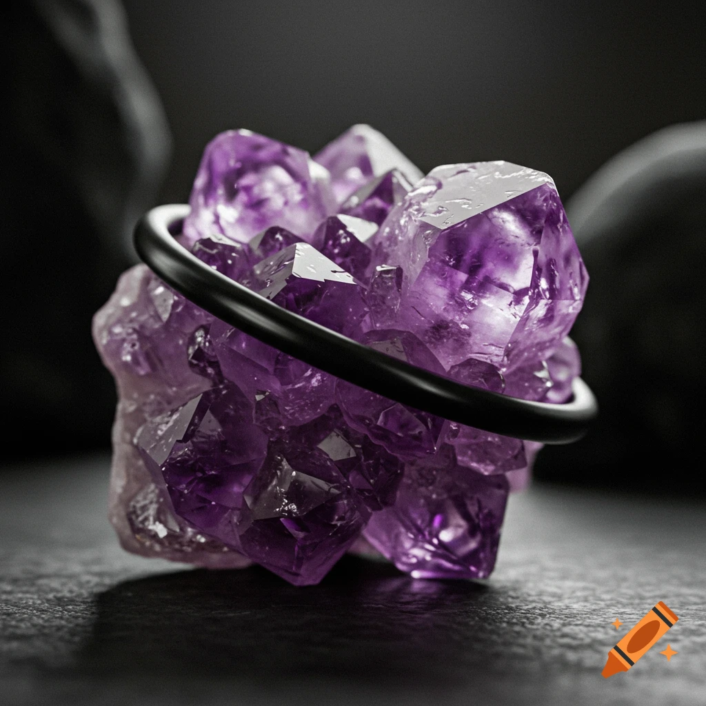 A close-up of a cluster of purple amethyst crystals with a black ring wrapped around them.