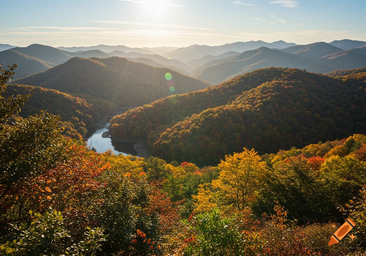 Panoramic view of mountains and a river or lake in autumn colors under a clear sky.