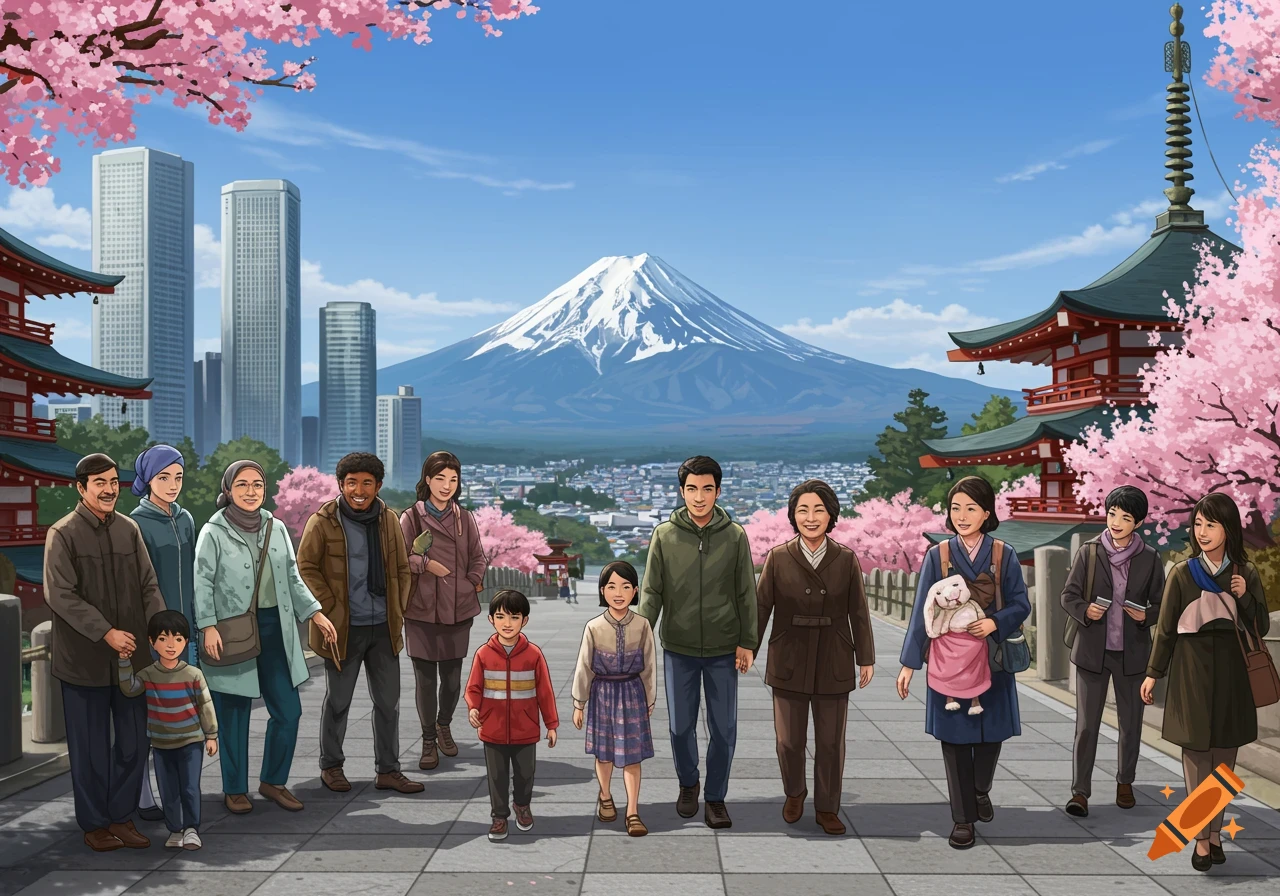 A diverse group of people stands on a path with Mt. Fuji, skyscrapers, a temple, and cherry blossoms in the background. Illustration style.