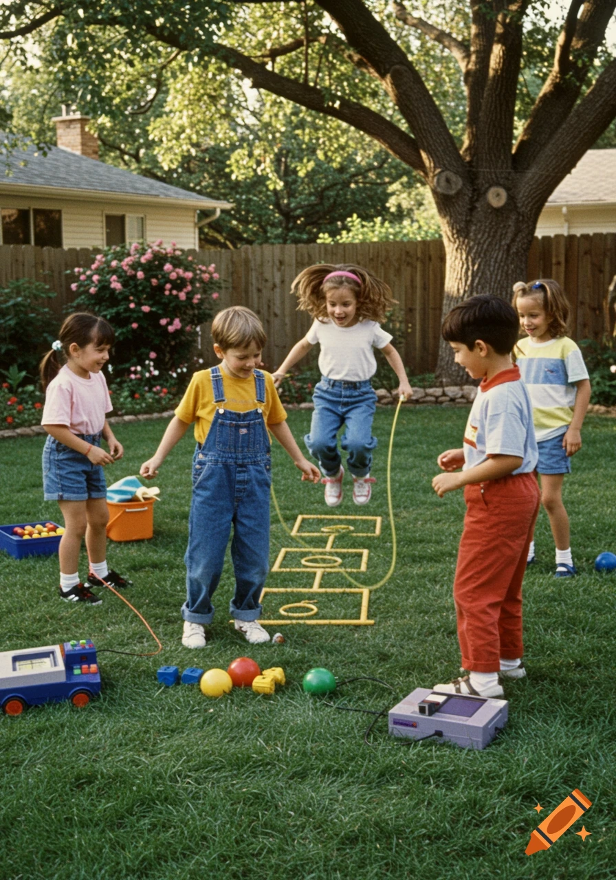 Children playing jump rope and hopscotch in a sunny backyard