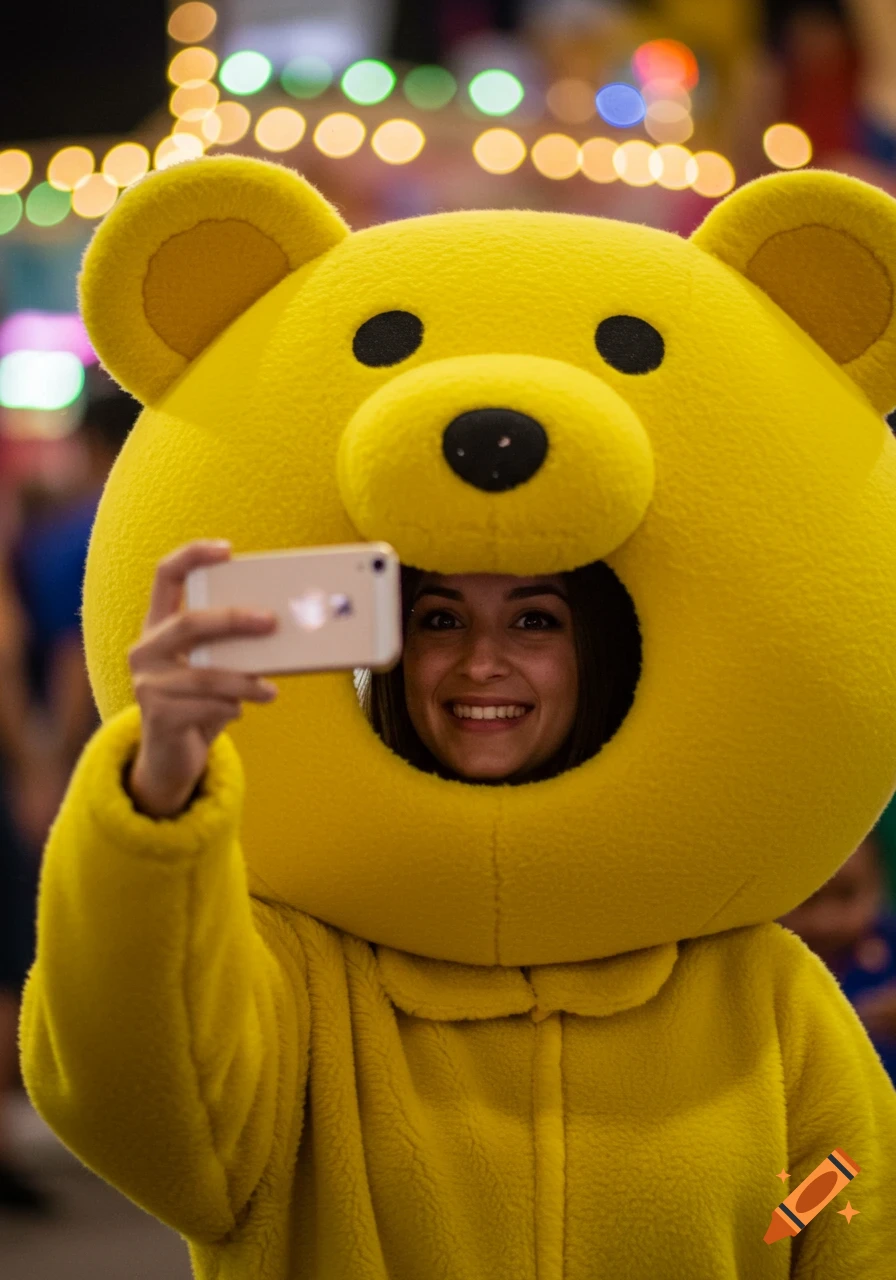 A person in a yellow bear mascot costume takes a selfie with a phone. Photorealistic.