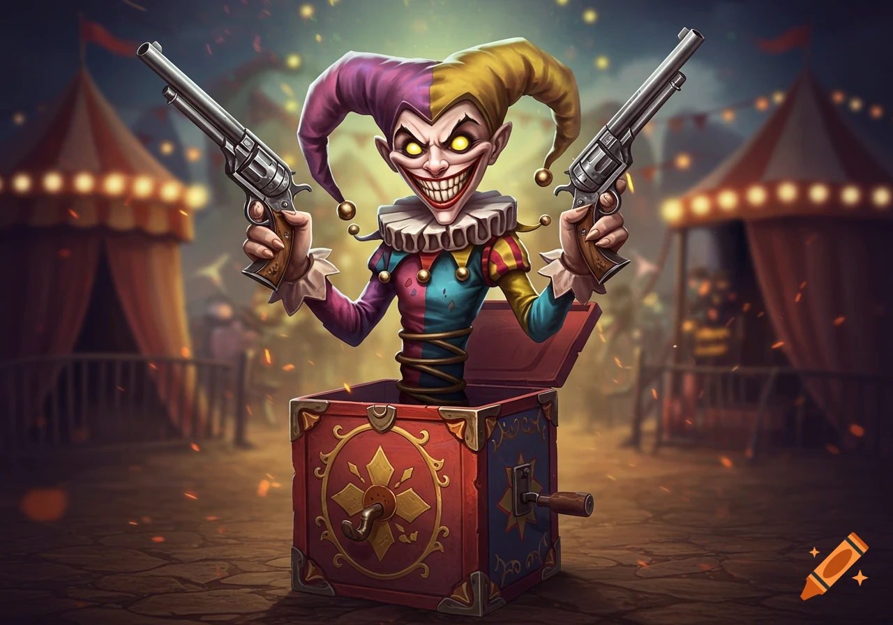 A creepy jester jack-in-the-box emerges from a box, holding two revolvers, in a circus tent background. Stylized art.