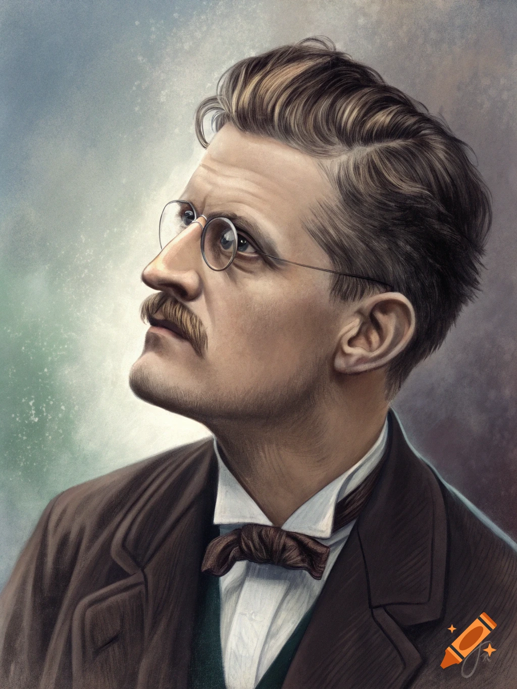 A dramatic portrait of a man with a mustache and glasses wearing a suit and bow tie, looking up.