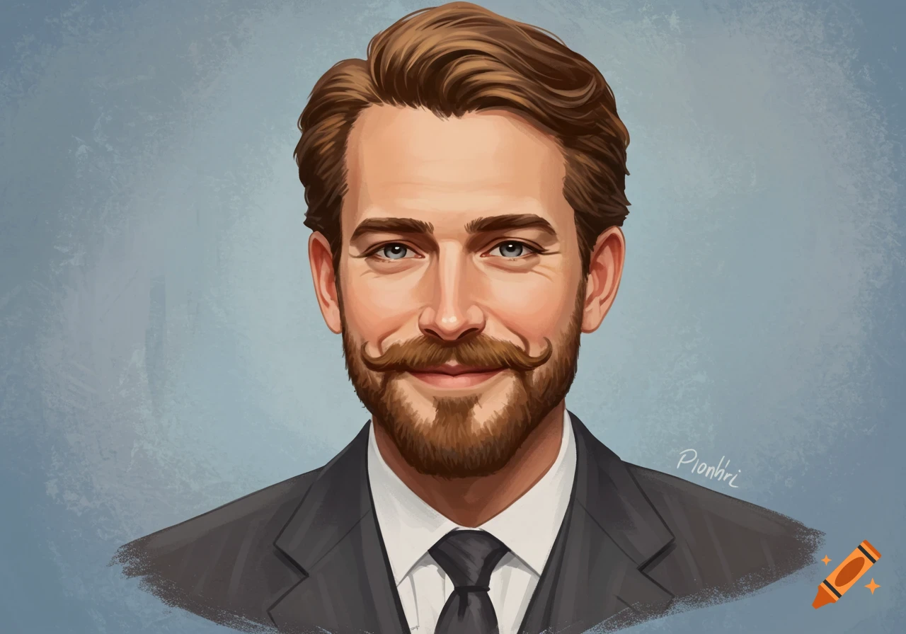 A digital painting portrait of a man with a mustache and beard wearing a suit.