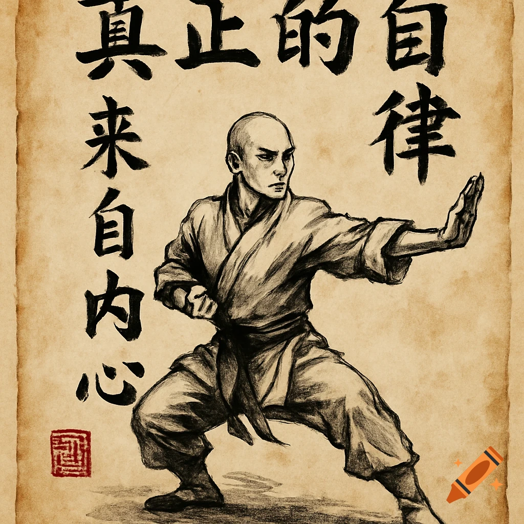 Sketch of a martial artist in a stance with Chinese calligraphy on a scroll.