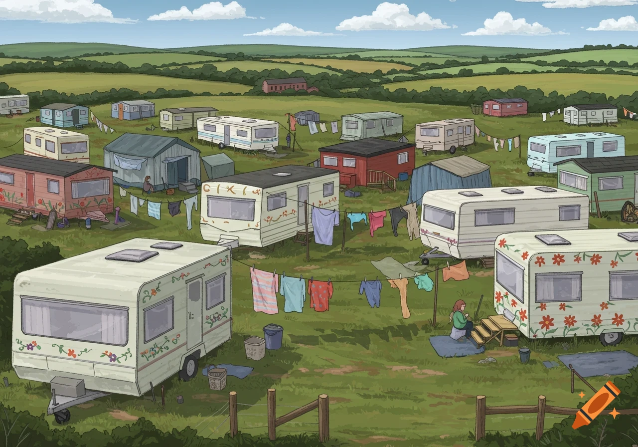 Illustration of a caravan park in a green field with laundry lines.