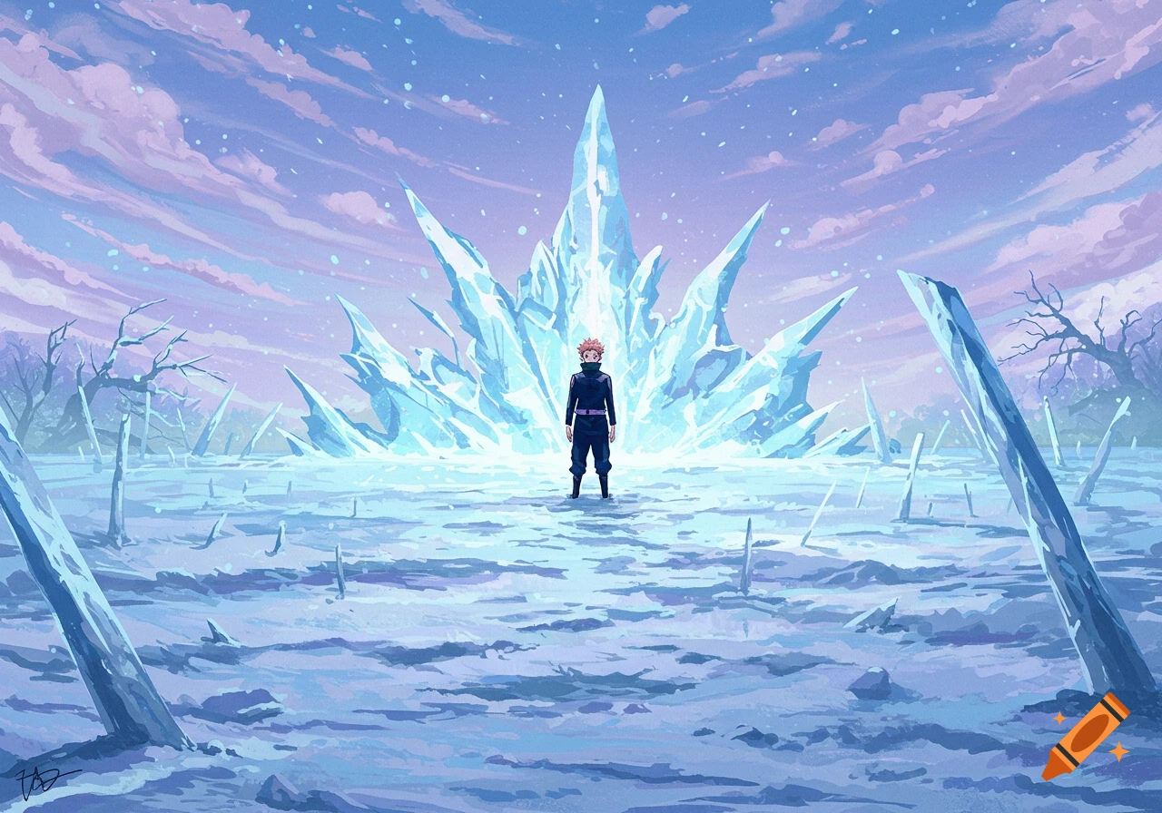 An anime character stands before a giant ice formation in a frozen landscape