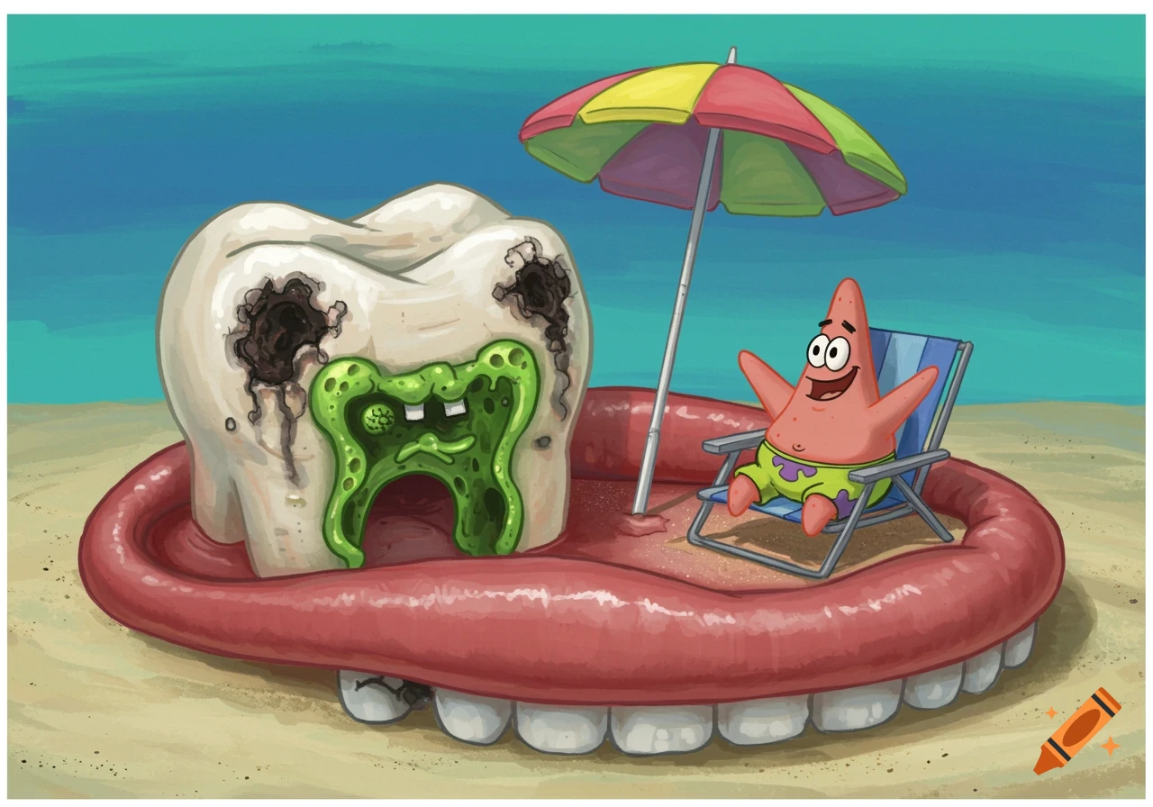Cartoon illustration of a decaying tooth and mouth on a beach, with Patrick Star sitting in a chair under an umbrella.