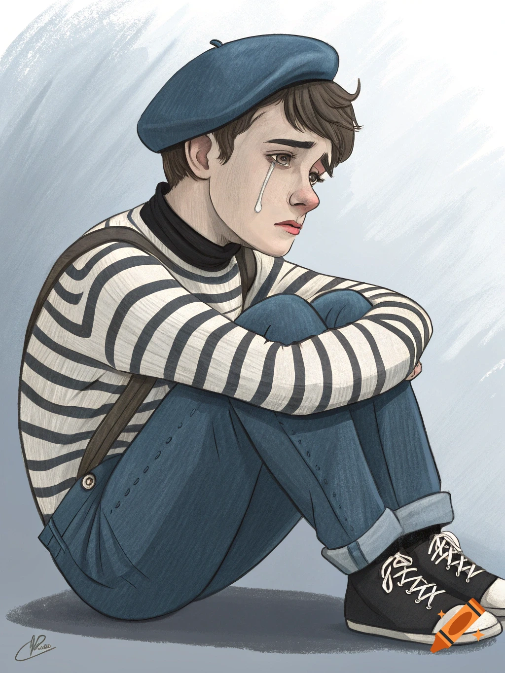 An illustration of a sad young person in a blue beret and striped shirt, sitting with their legs pulled up, a tear on their cheek.