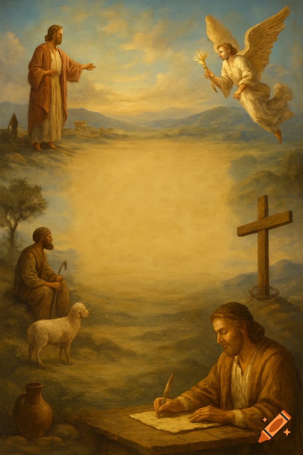 Painting of biblical figures in a landscape with space for text.