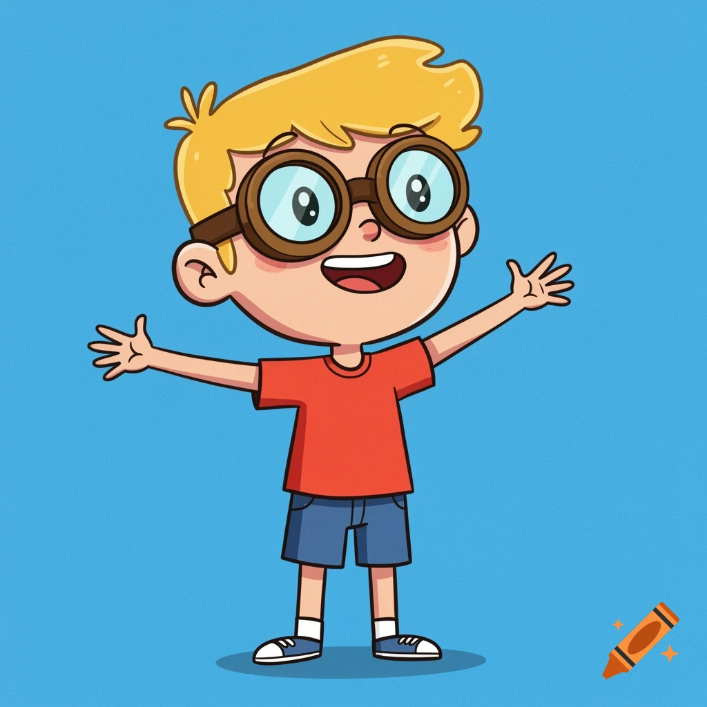 A cartoon boy with blond hair and aviator goggles stands with arms outstretched.