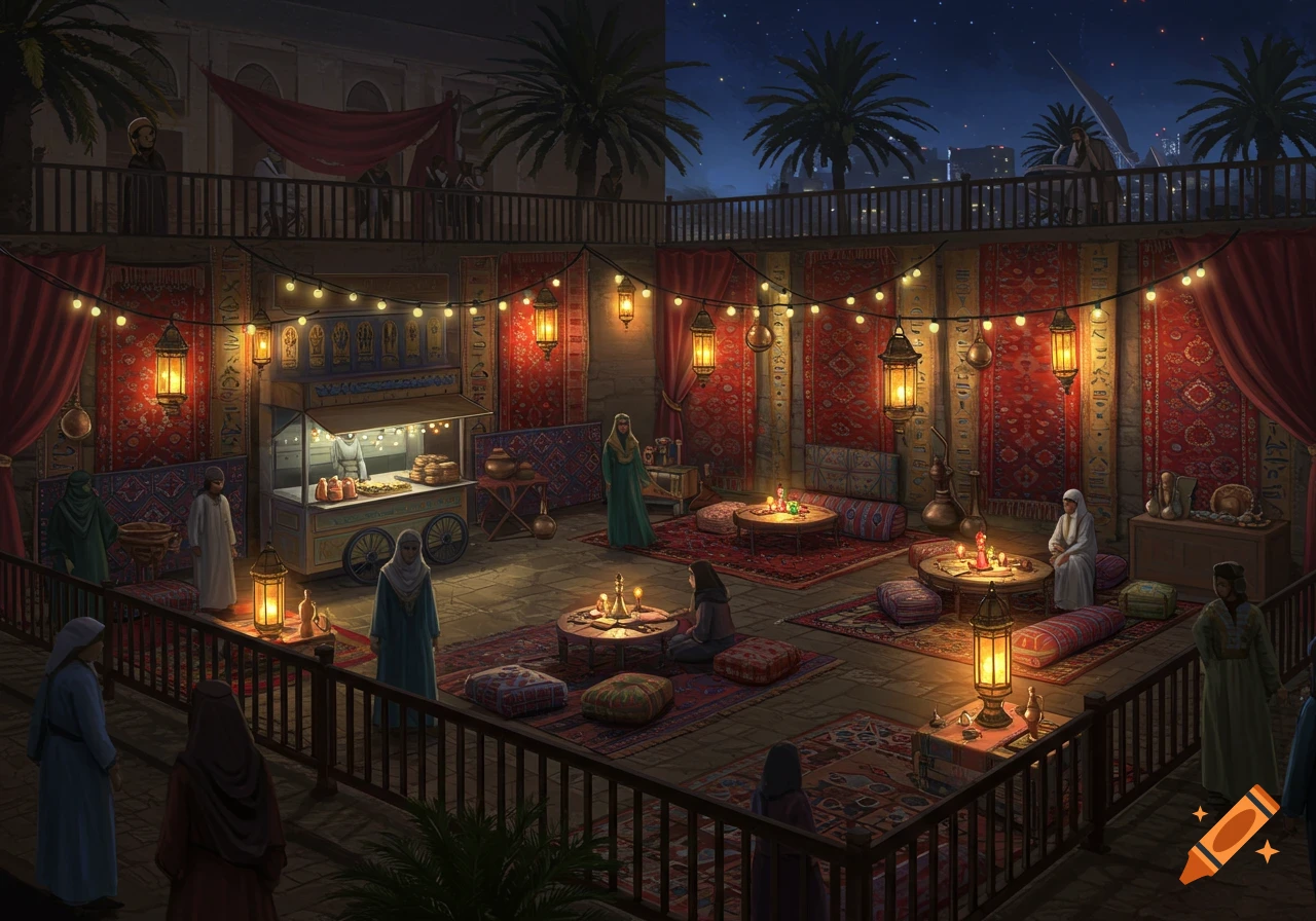 Egyptian-inspired night market scene with lanterns, floor seating, food cart, and people.