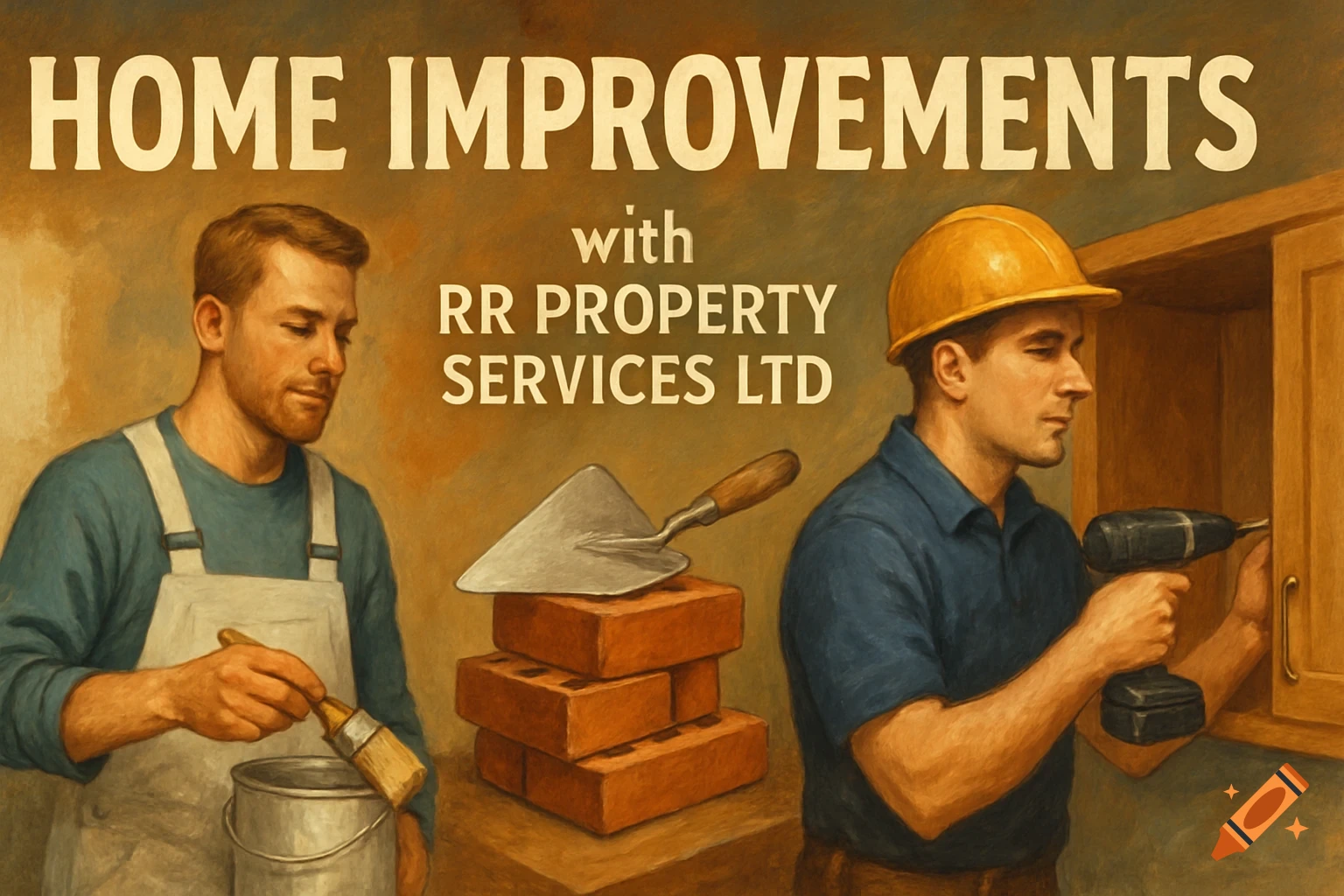 Two men working on home improvements with tools and bricks, text 'HOME IMPROVEMENTS with RR PROPERTY SERVICES LTD'