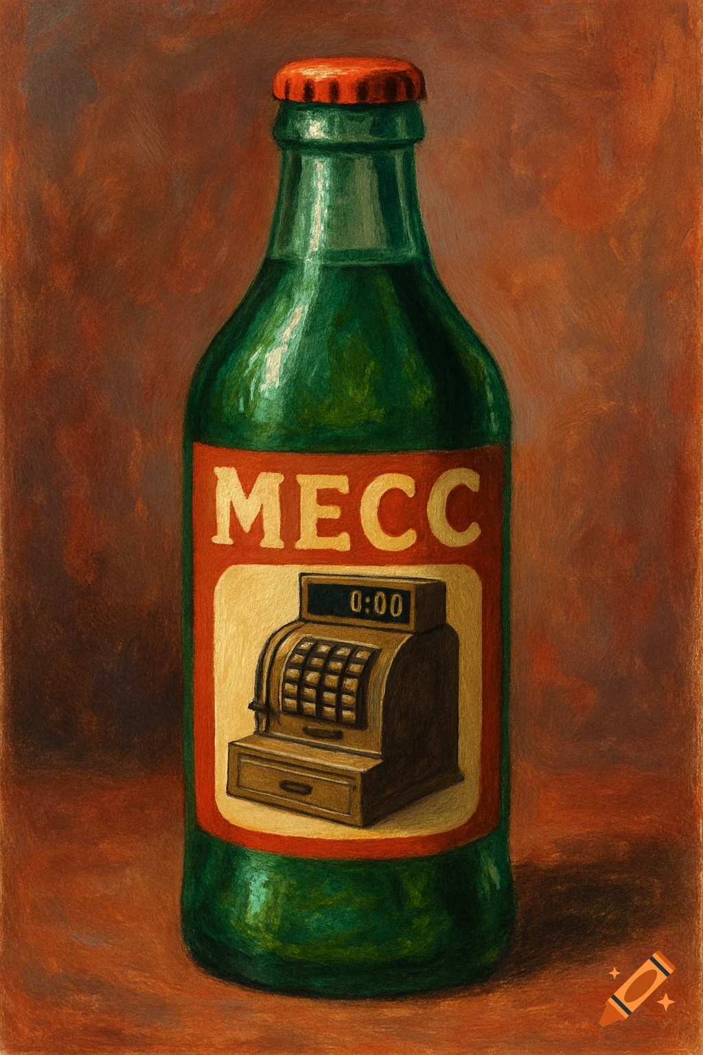 A painting of a green bottle with a label depicting a cash register and the text MECC.