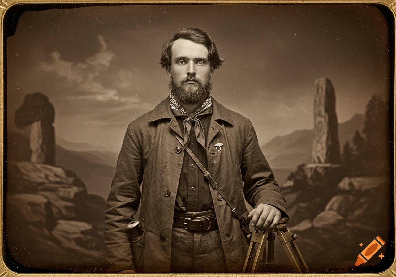 Sepia portrait of a man in vintage explorer attire with tripod against a rocky landscape background.