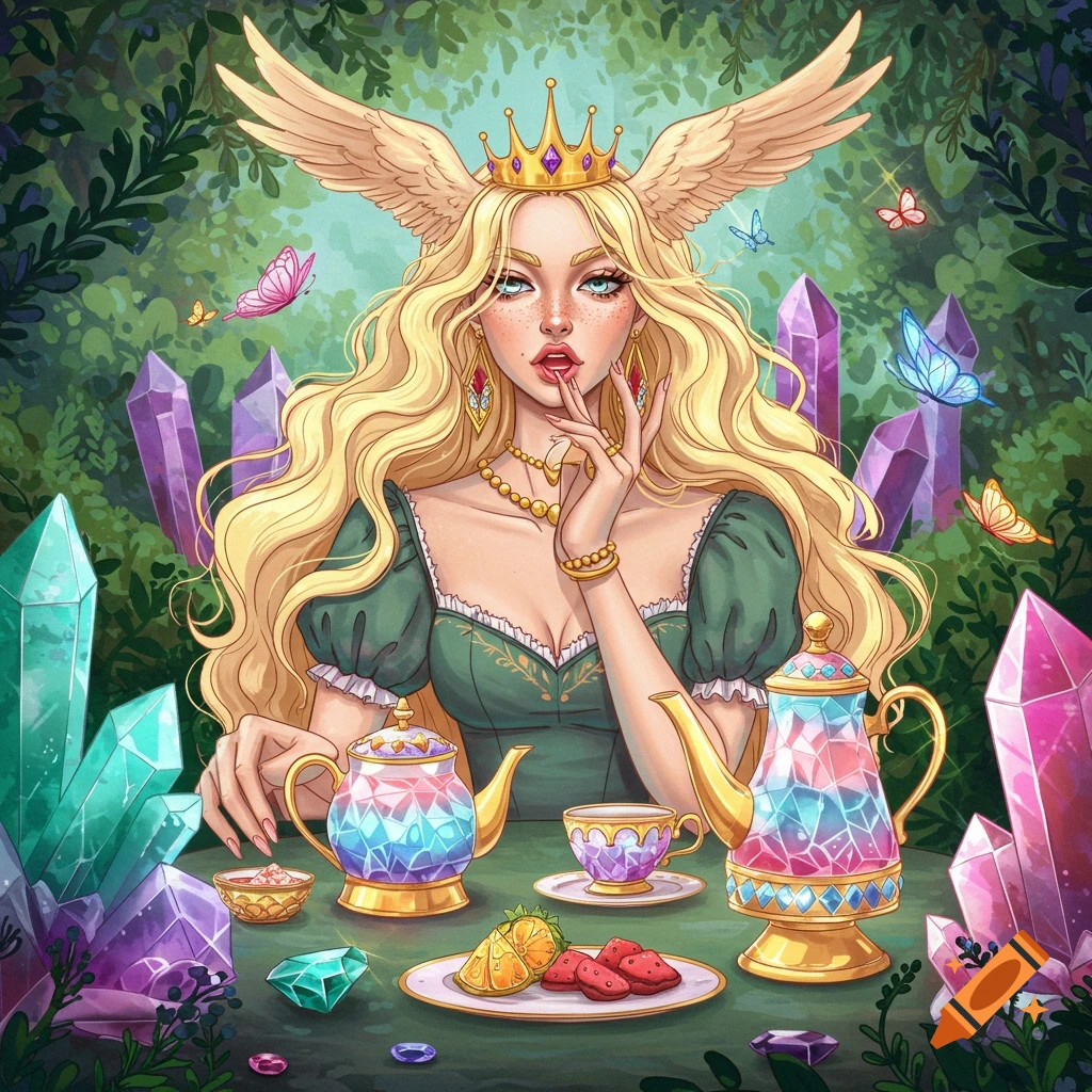 A blonde queen with wings and a crown sits at a crystal tea party in a whimsical garden.