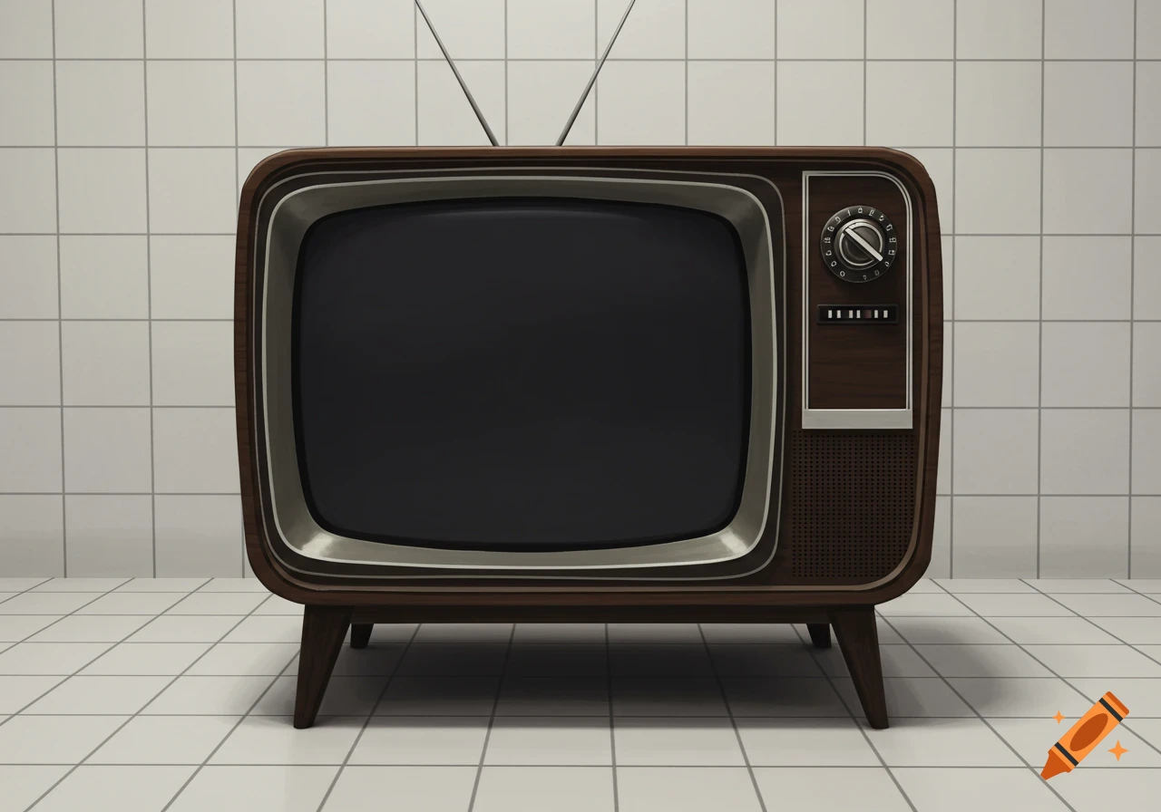 Realistic photo of a vintage television with a blank screen in a white tiled room.