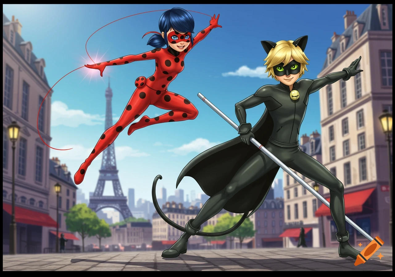 Ladybug and Cat Noir leap and pose in a Parisian square with the Eiffel Tower behind them.