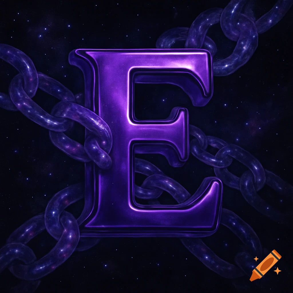 A large, metallic purple letter E is entangled with glowing purple chains against a starry deep-space background.