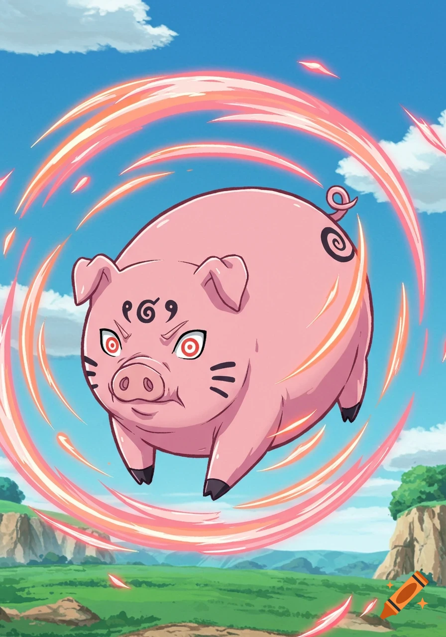 Cartoon pink pig with anime markings and angry face floats surrounded by orange energy rings.