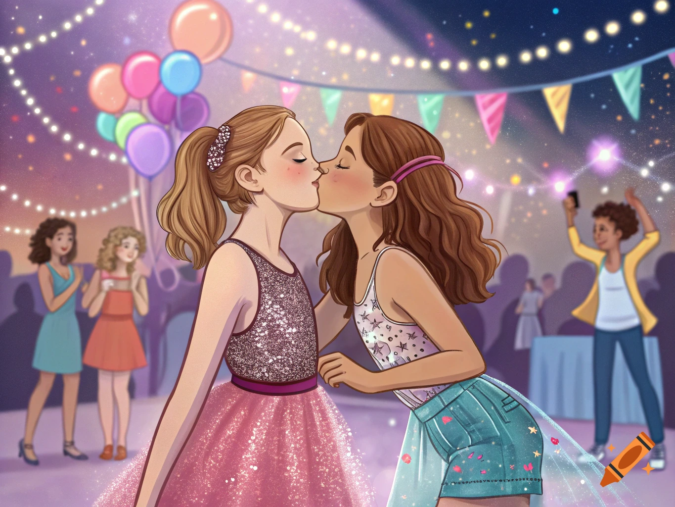Two young girls kiss on the dance floor at a party. Other guests, balloons, and lights are in the background. Illustration style.