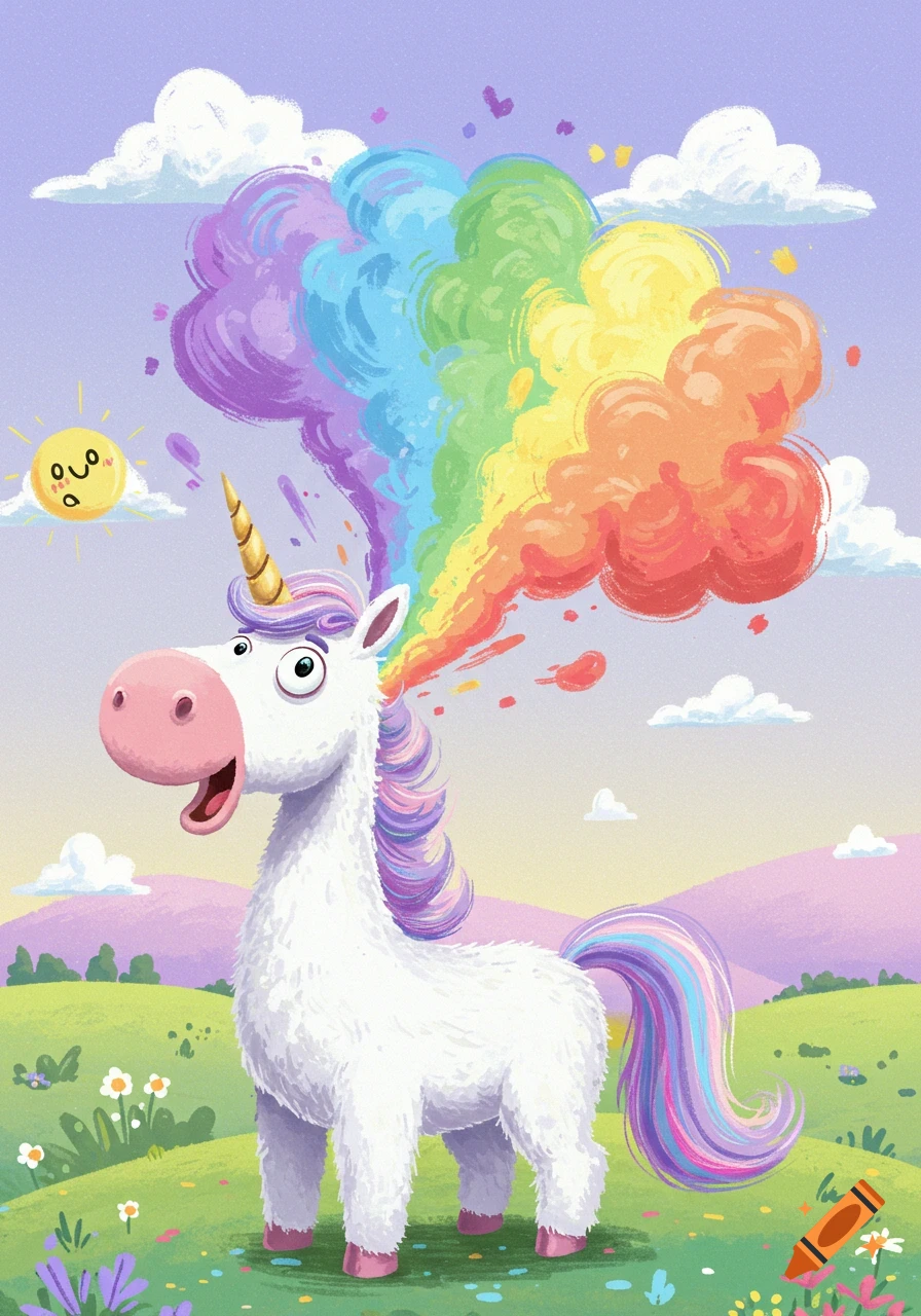Cartoon unicorn burping a rainbow in a grassy field with a funny sun.