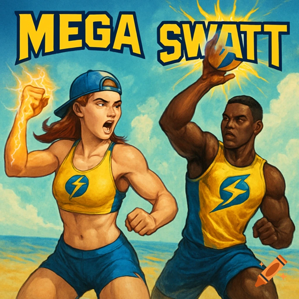 Illustration of two mascots, a woman with lightning and a man hitting a volleyball, for the "MEGA SWATT" beach volleyball team.