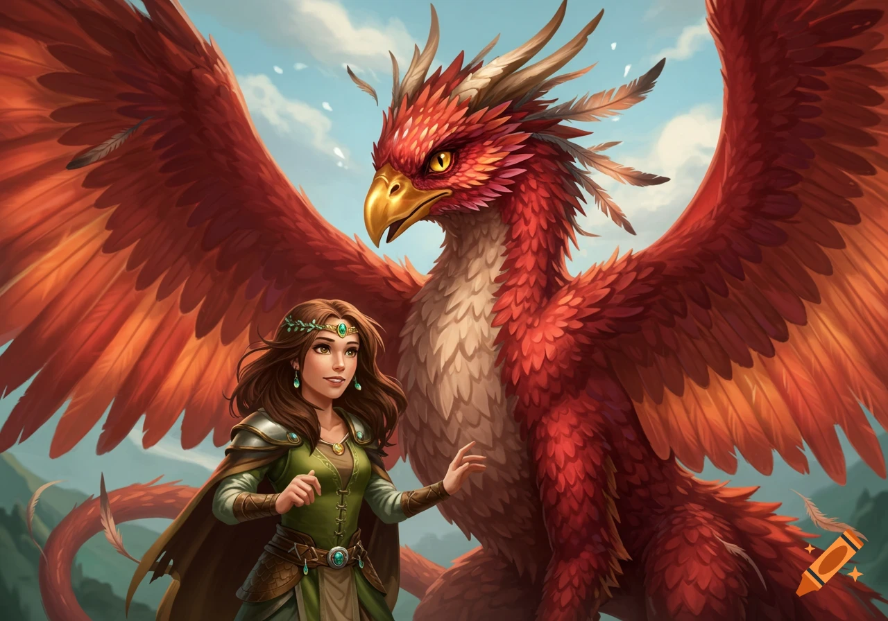 A young woman stands next to a large red dragon with golden eyes and feathery wings.
