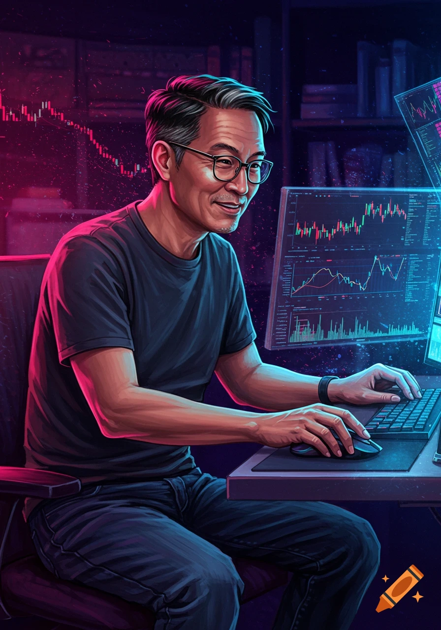An Asian man in glasses sits at computers displaying stock charts, using a keyboard and mouse in a dimly lit room.