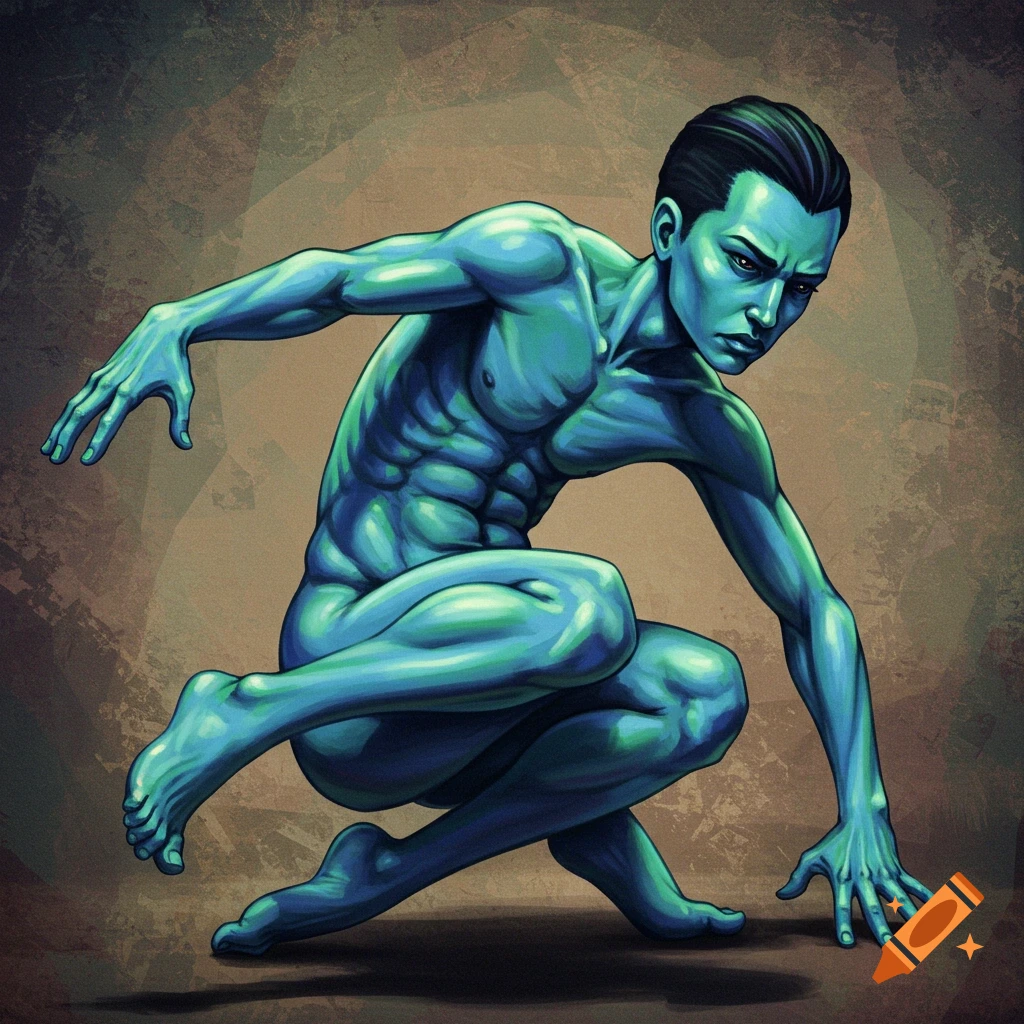 Stylized blue-skinned figure in a contorted pose against a textured background, digital illustration.