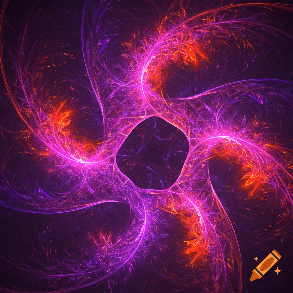 Psychedelic triskelion fractal design with swirling purple, pink, and orange light on a dark background.