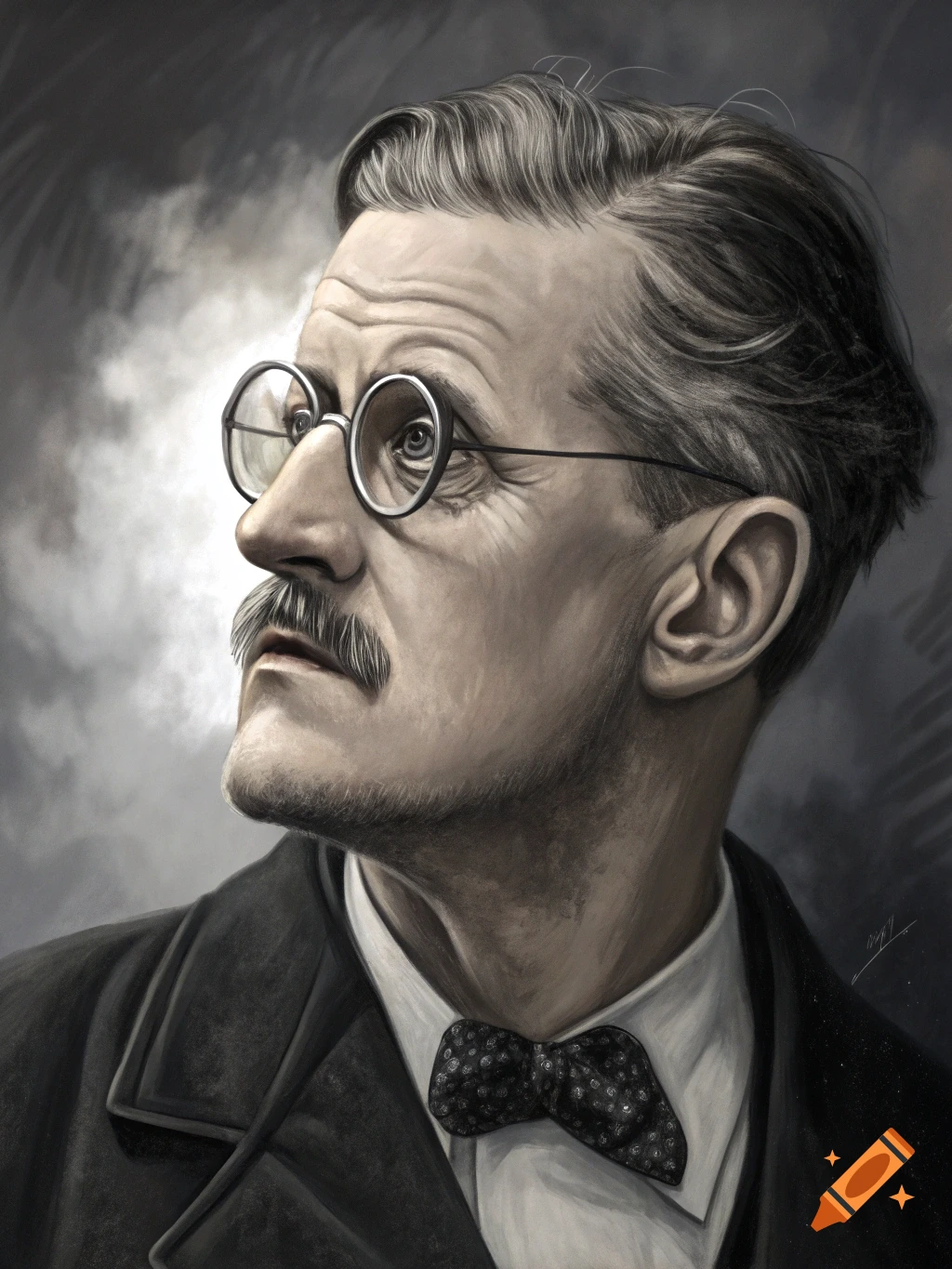 Dramatic digital painting portrait of a man with glasses and a mustache looking up.
