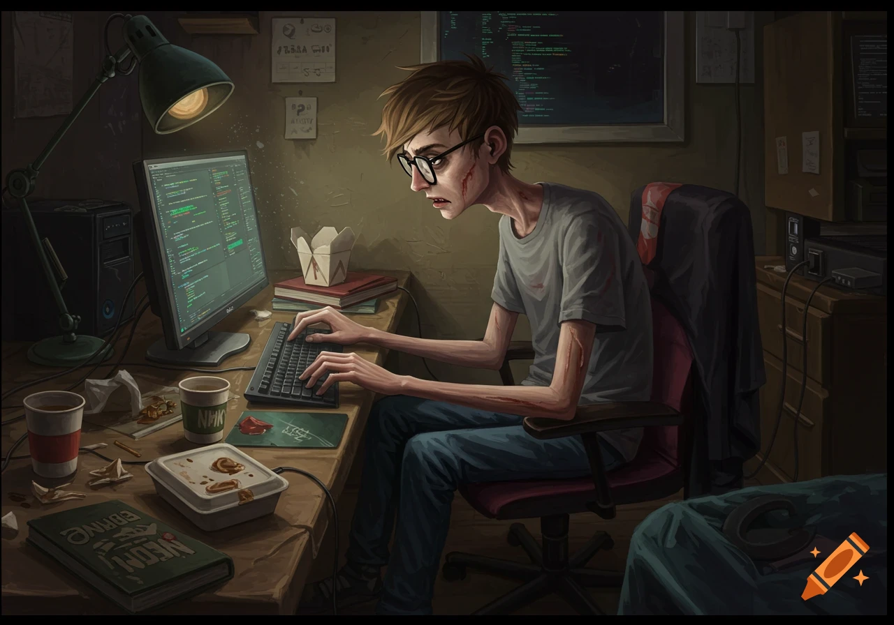 Illustrated scene of a gaunt young person wearing glasses, intensely coding at a messy desk with computer, lamp, and food containers.