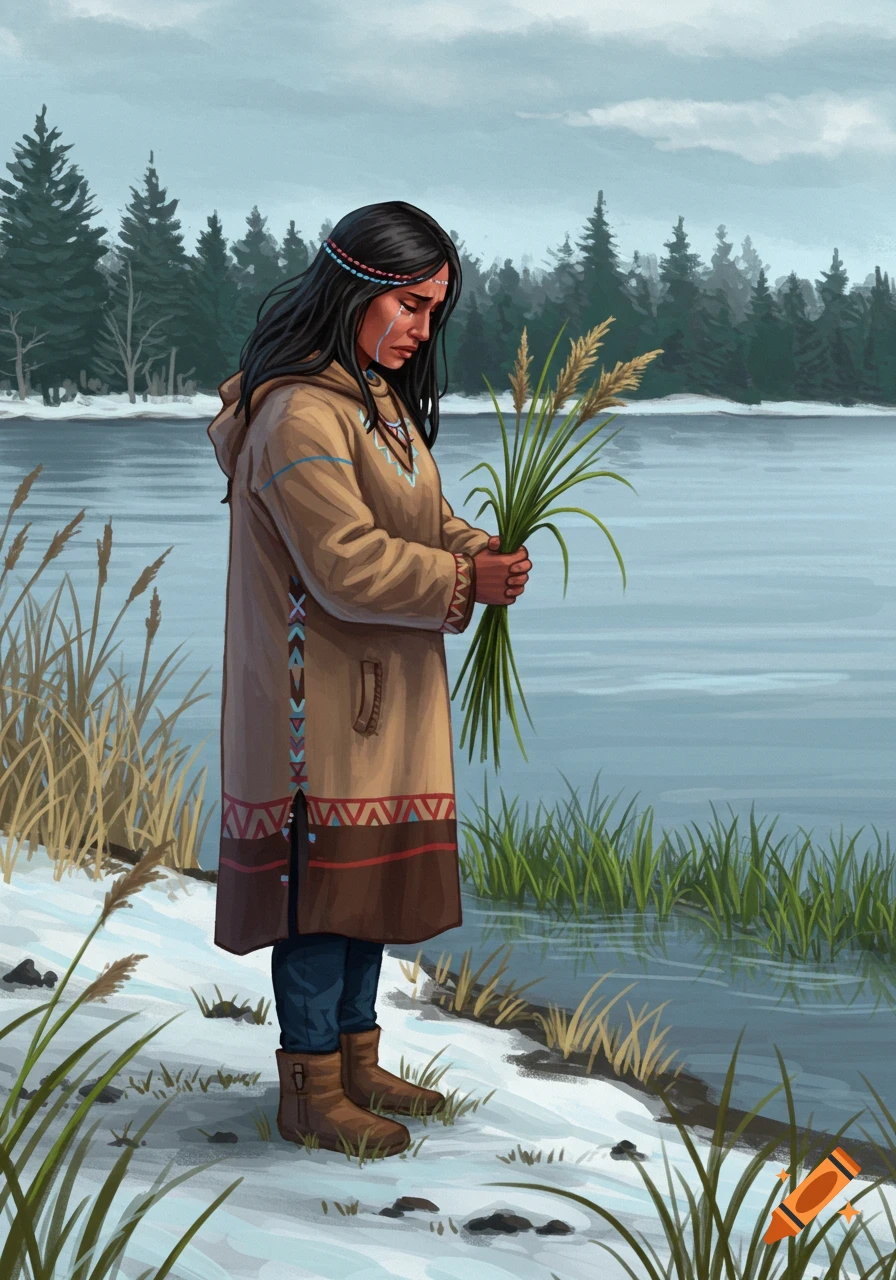 Illustration of an Indigenous woman standing sadly by a snowy lake holding grass.