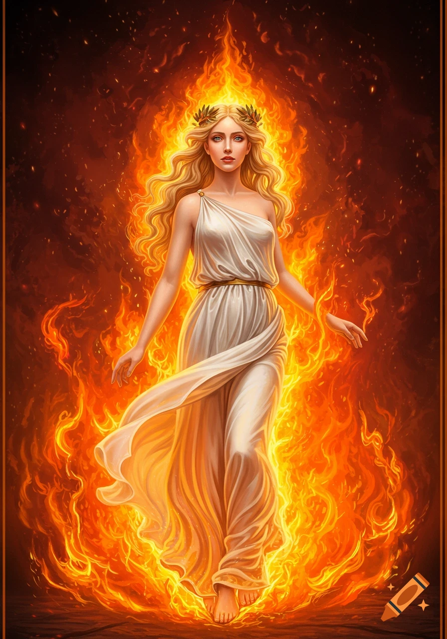 A woman in a white dress stands surrounded by flames, wearing a golden laurel wreath.