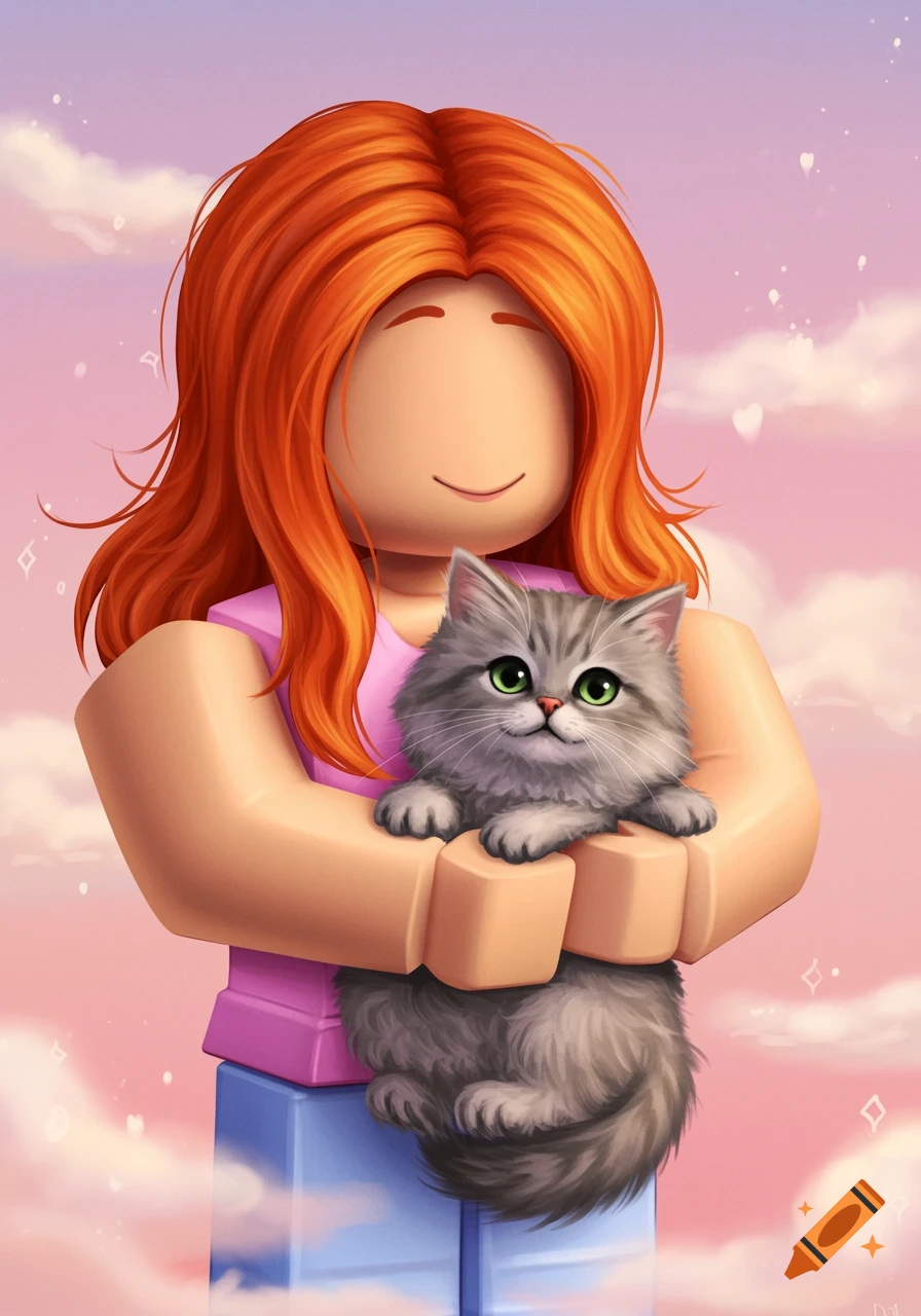 A Roblox character with orange hair holds a fluffy gray cat in a pink sky