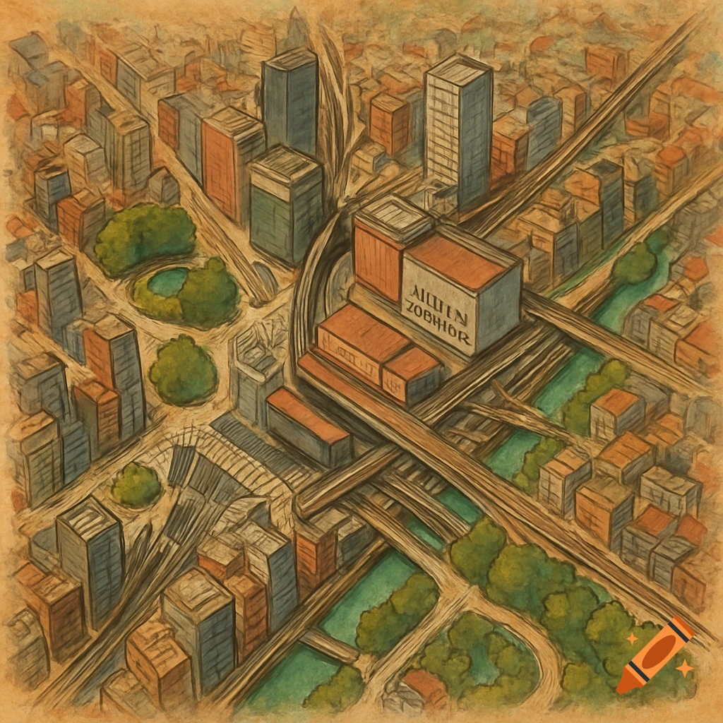 Birds eye view illustration of a city, styled like a map