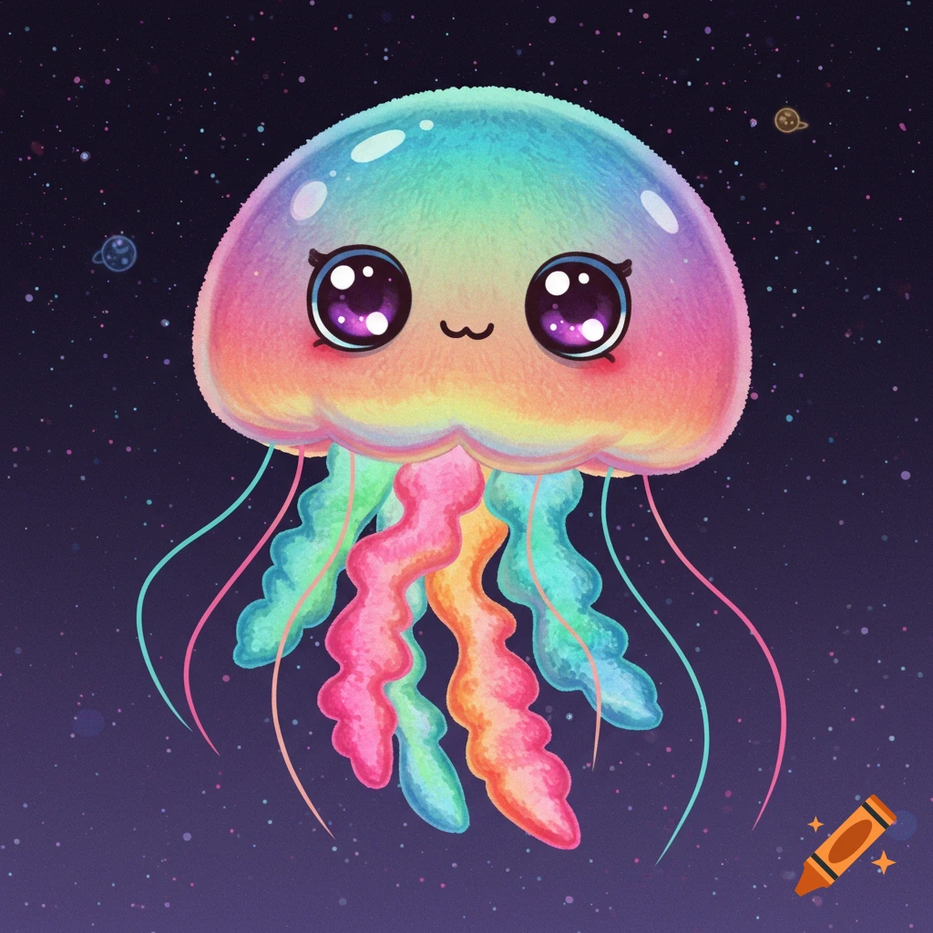 Cute rainbow jellyfish floats in a starry space background illustration.