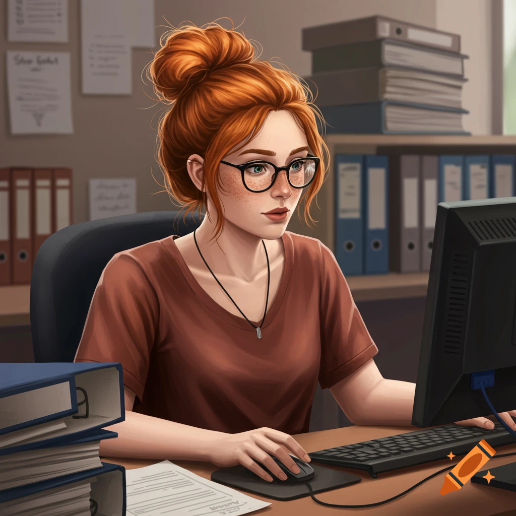 A woman with red hair and glasses works at a computer in an office, surrounded by binders and paperwork, digital art style.