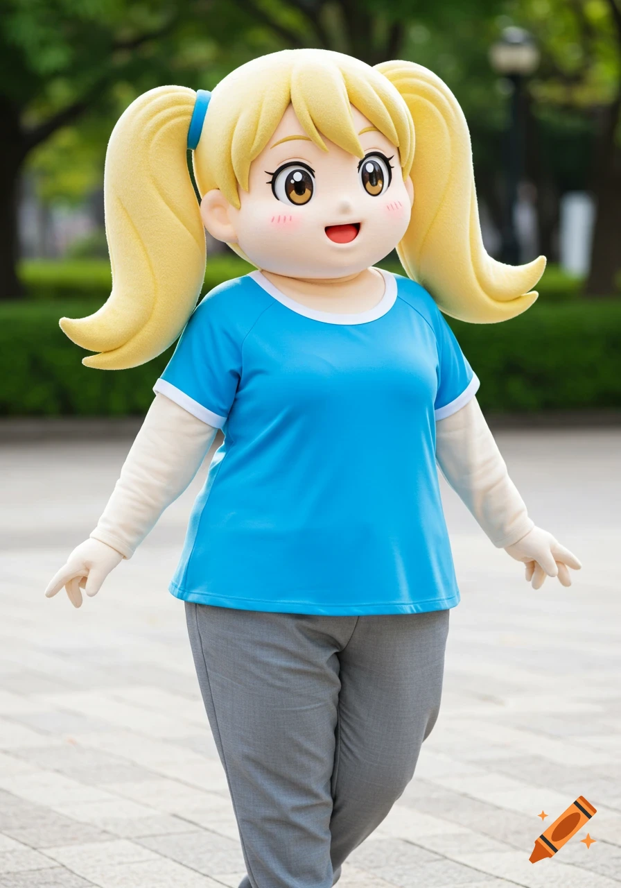 Full body shot of a person in a cartoon mascot costume with blonde pigtails, blue shirt, and gray pants.