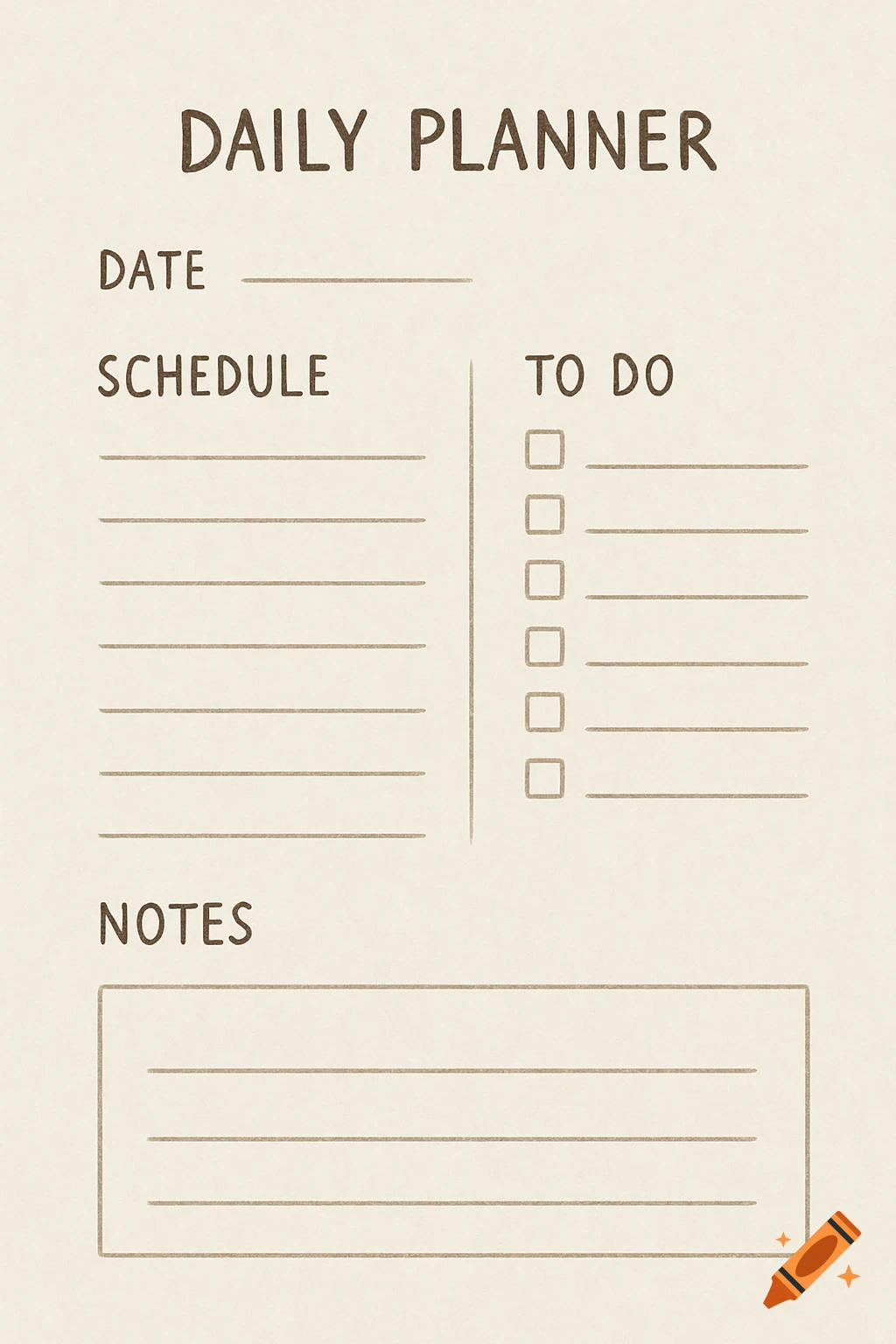 Minimal daily planner template with sections for date, schedule, to-do list, and notes