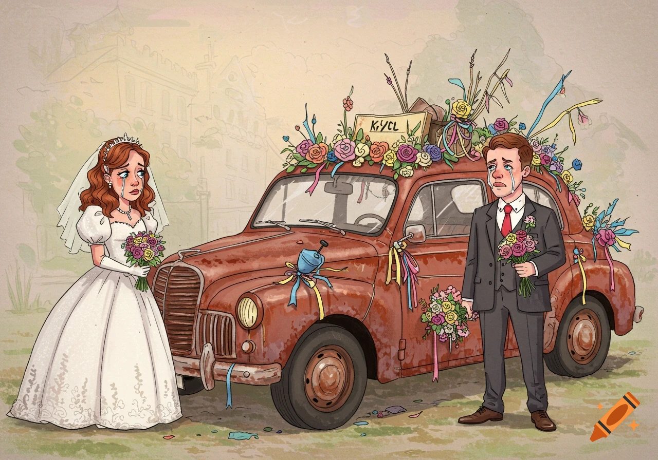 Illustration of a crying bride and groom standing next to a rusty wedding car.