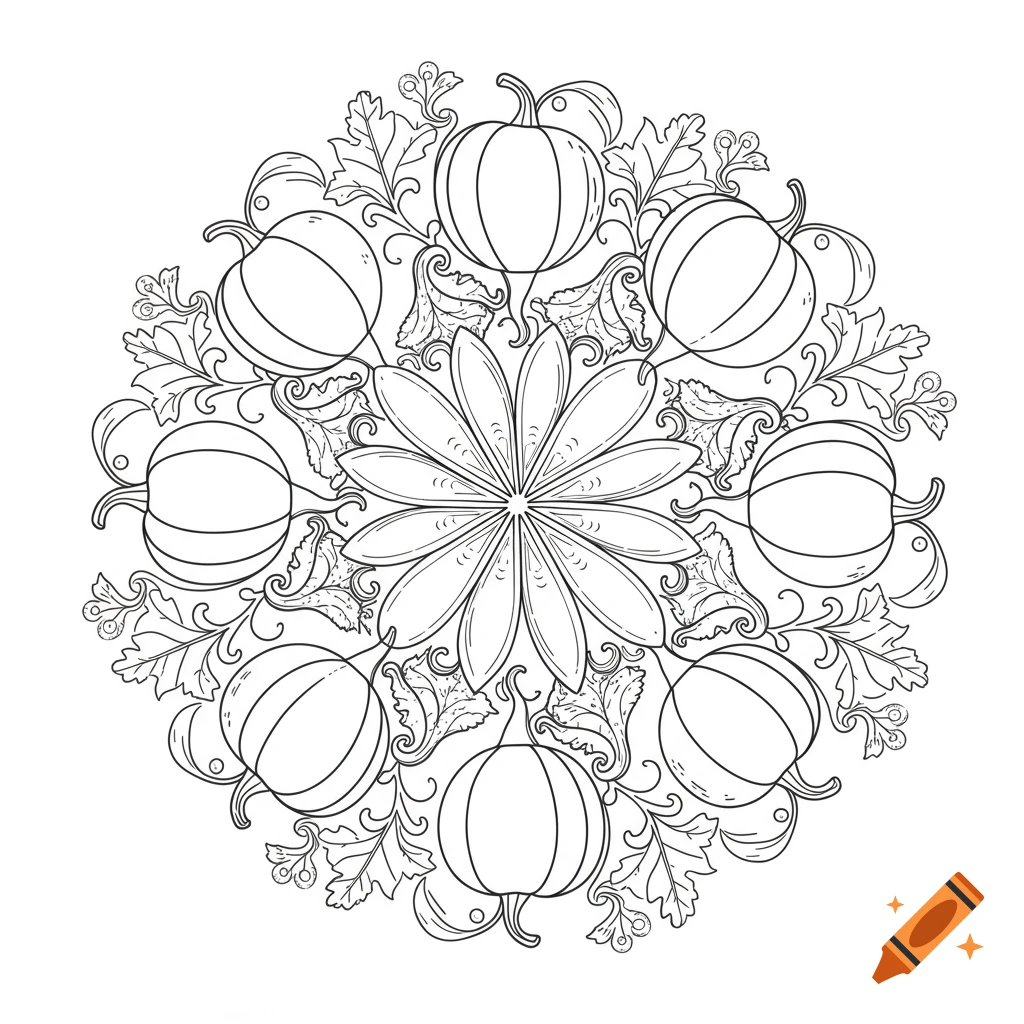 Black and white line art mandala featuring pumpkins and leaves