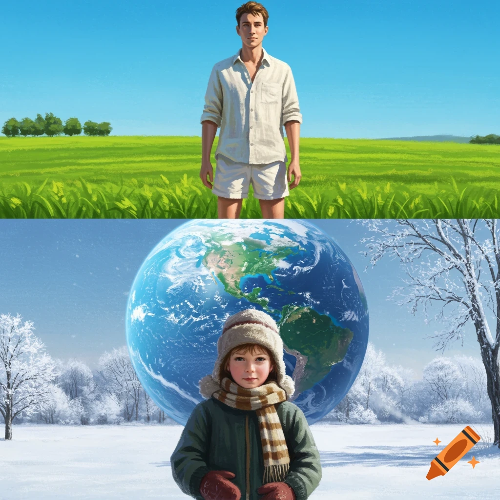 A man in summer in a grassy field above a child in winter with a large Earth globe.