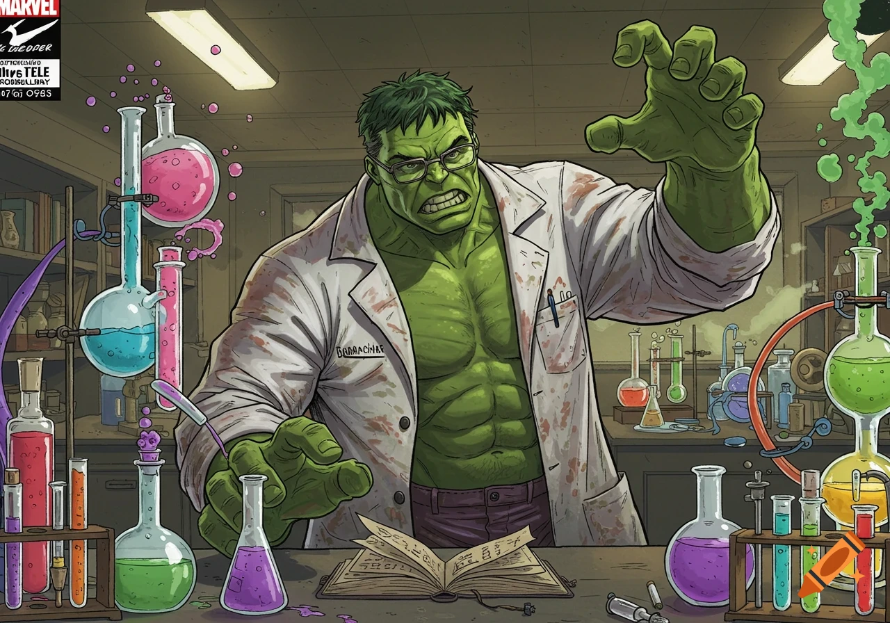 Hulk in a lab coat stands in a laboratory filled with beakers and test tubes, reaching out